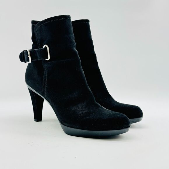 Stuart Weitzman Boots Womens 6 Black Suede Ankle Bootie Heeled Buckle Shoes - Picture 2 of 11
